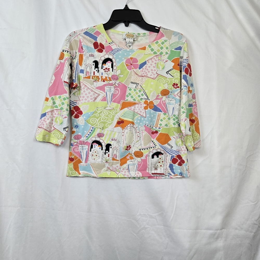 Talbots Womens Multicolor Scene Round Neck 3/4 Sleeve Retro Top Small Petite Vtg